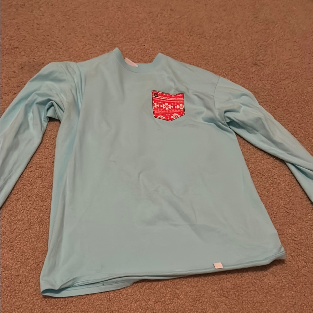 Simply Southern Light Blue Long Sleeve Tee with Red Patterned Pocket